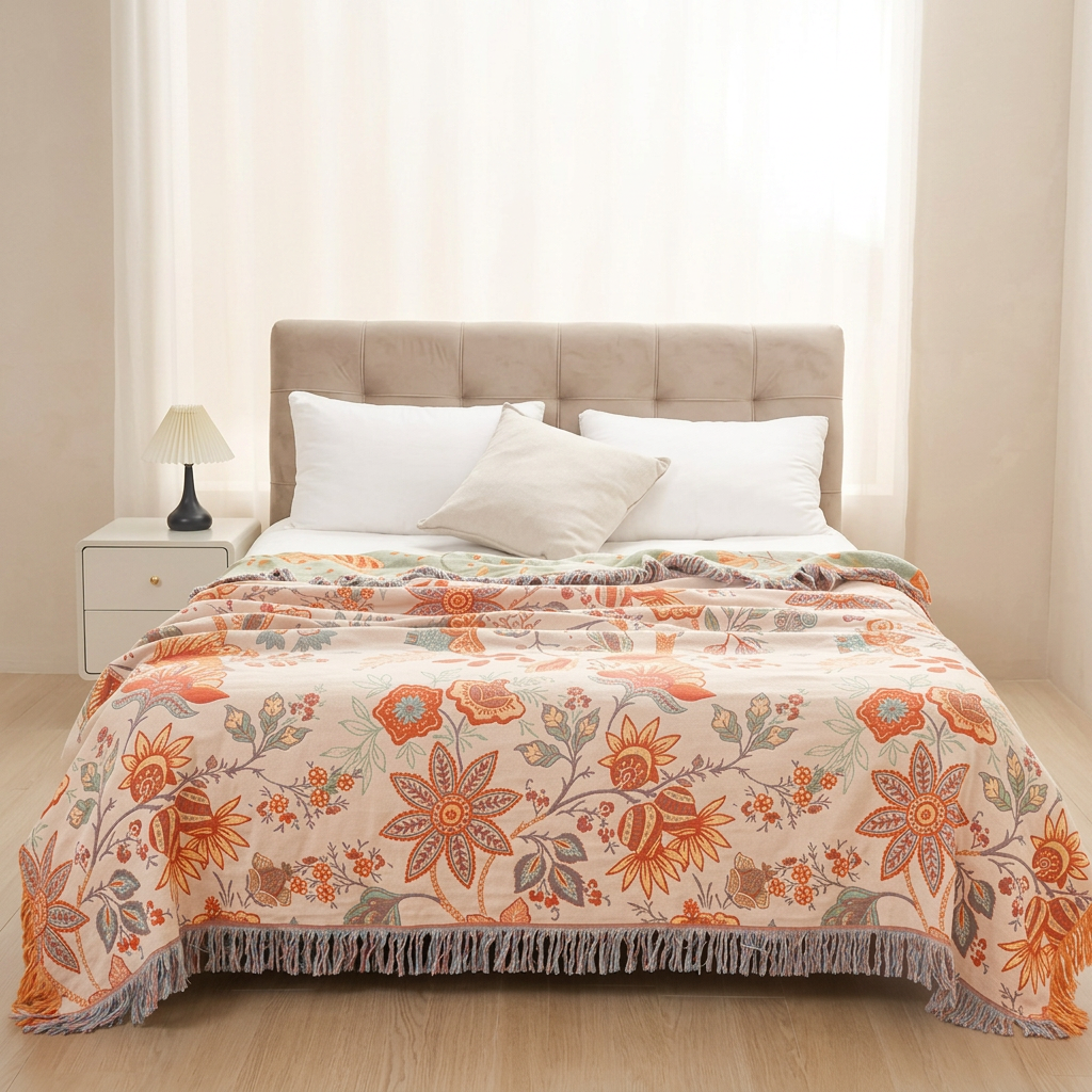 A floral throw blanket with fringe is draped over a bed in a bright, modern bedroom. The blanket features a warm orange, terracotta, and sage green floral pattern on a cream background, styled with white pillows and a beige upholstered headboard.
