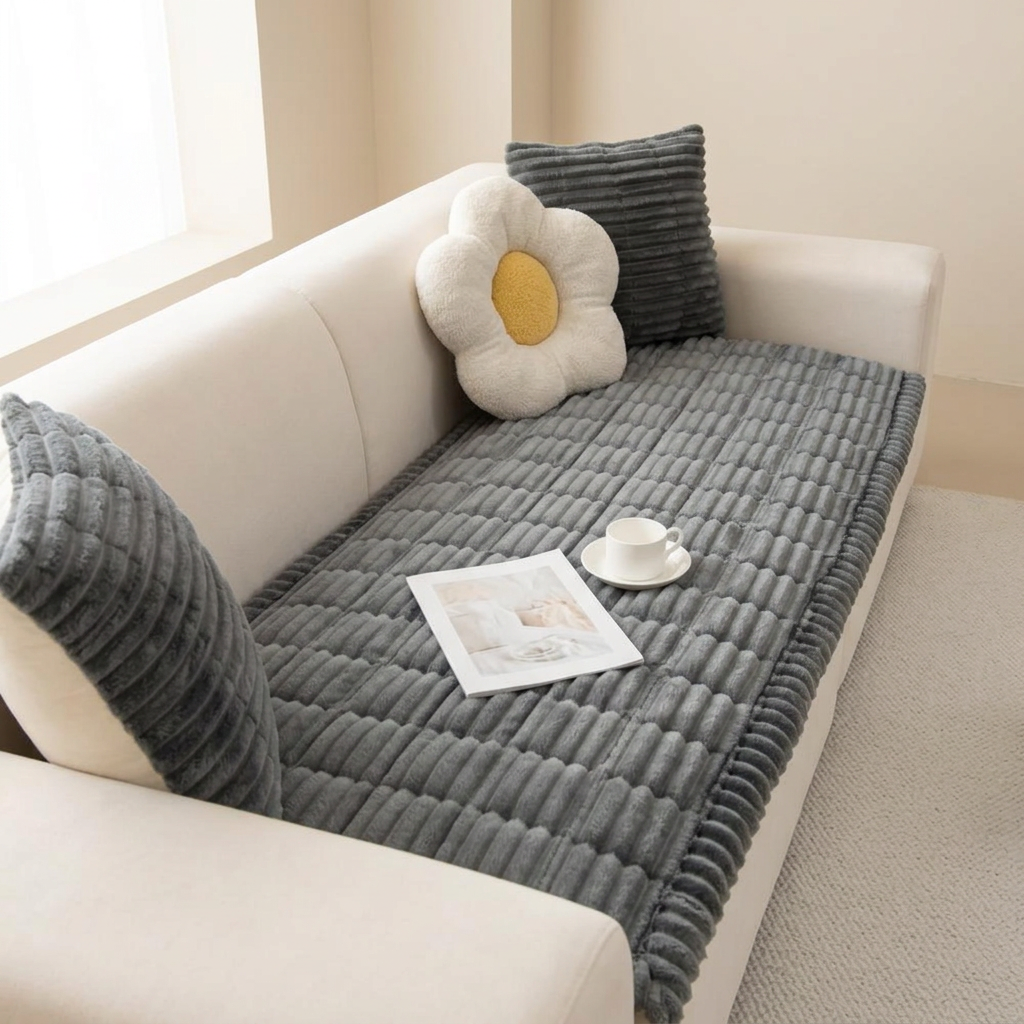 A gray ribbed sofa cushion cover set with matching throw pillows on a cream-colored sofa, styled with a flower-shaped pillow, a magazine, and a cup of coffee in a bright room.