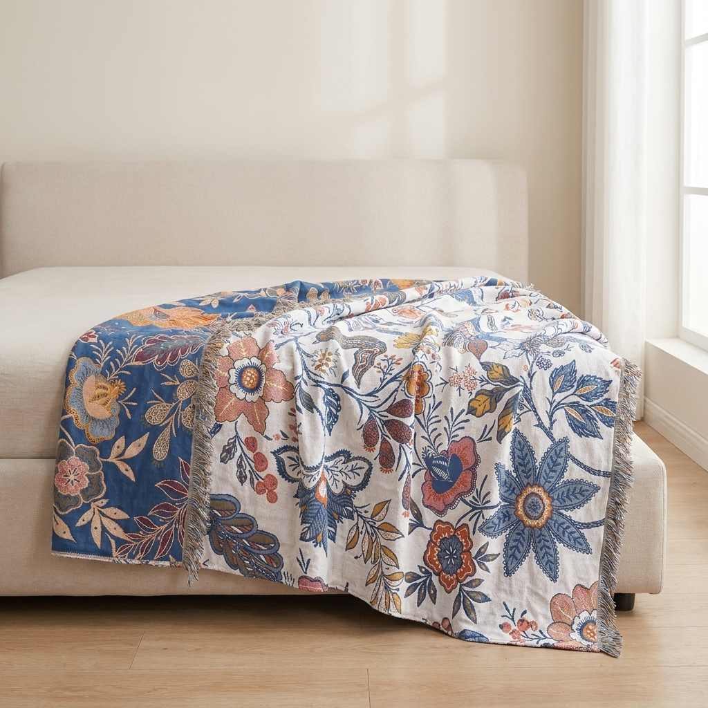 A patterned throw blanket draped over a beige sofa in a bright, modern room with light wood floors and a window.