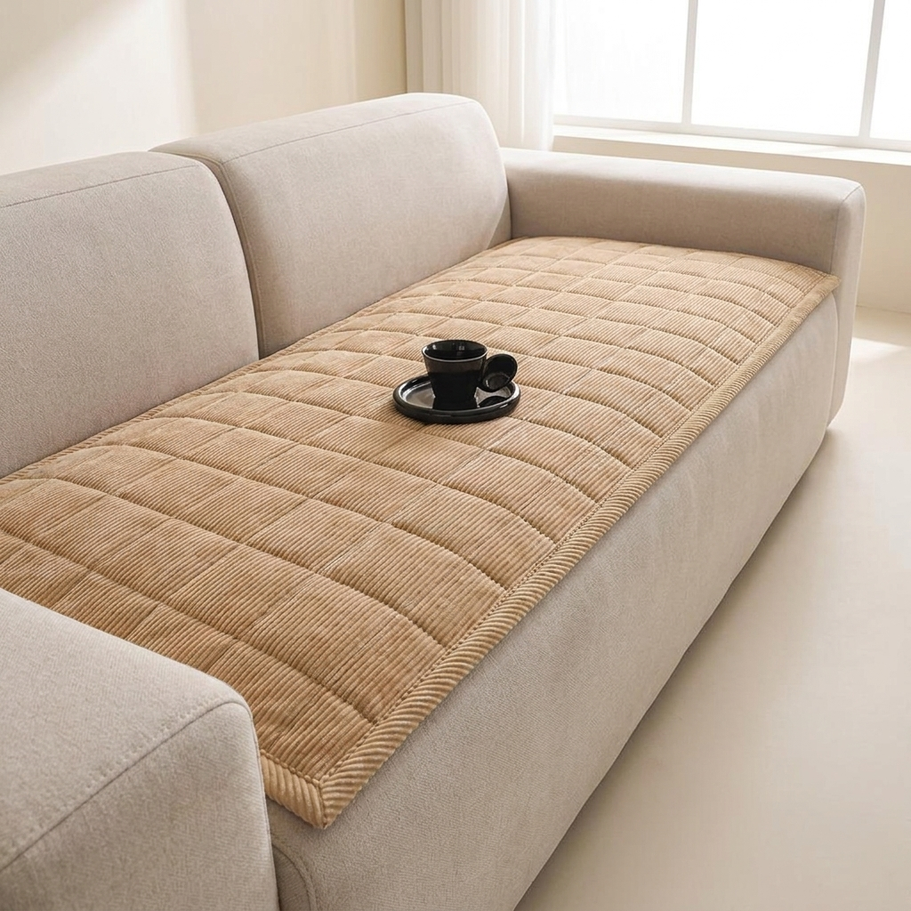 A beige quilted corduroy sofa pad on a light gray fabric sofa, with a small black cup and saucer placed on top, in a bright, modern living room setting.