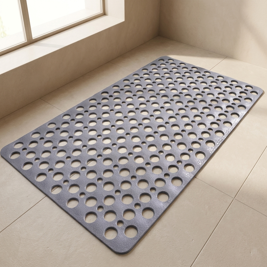 A gray rectangular bath mat with a raised circular bubble pattern, shown on a beige tiled floor in a bathroom corner near a window.