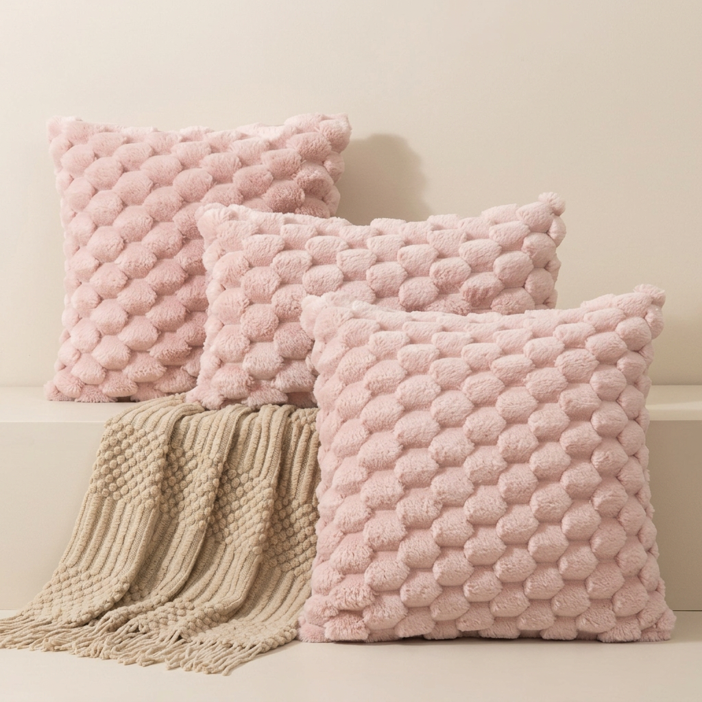 Three textured blush pink throw pillows arranged on a white shelf with a beige knit throw blanket, against a warm cream background.
