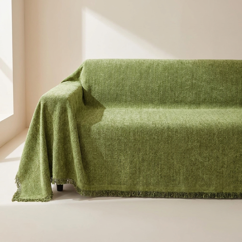 An olive green textured throw blanket with fringed edges draped over a sofa in a minimalist, sunlit room.
