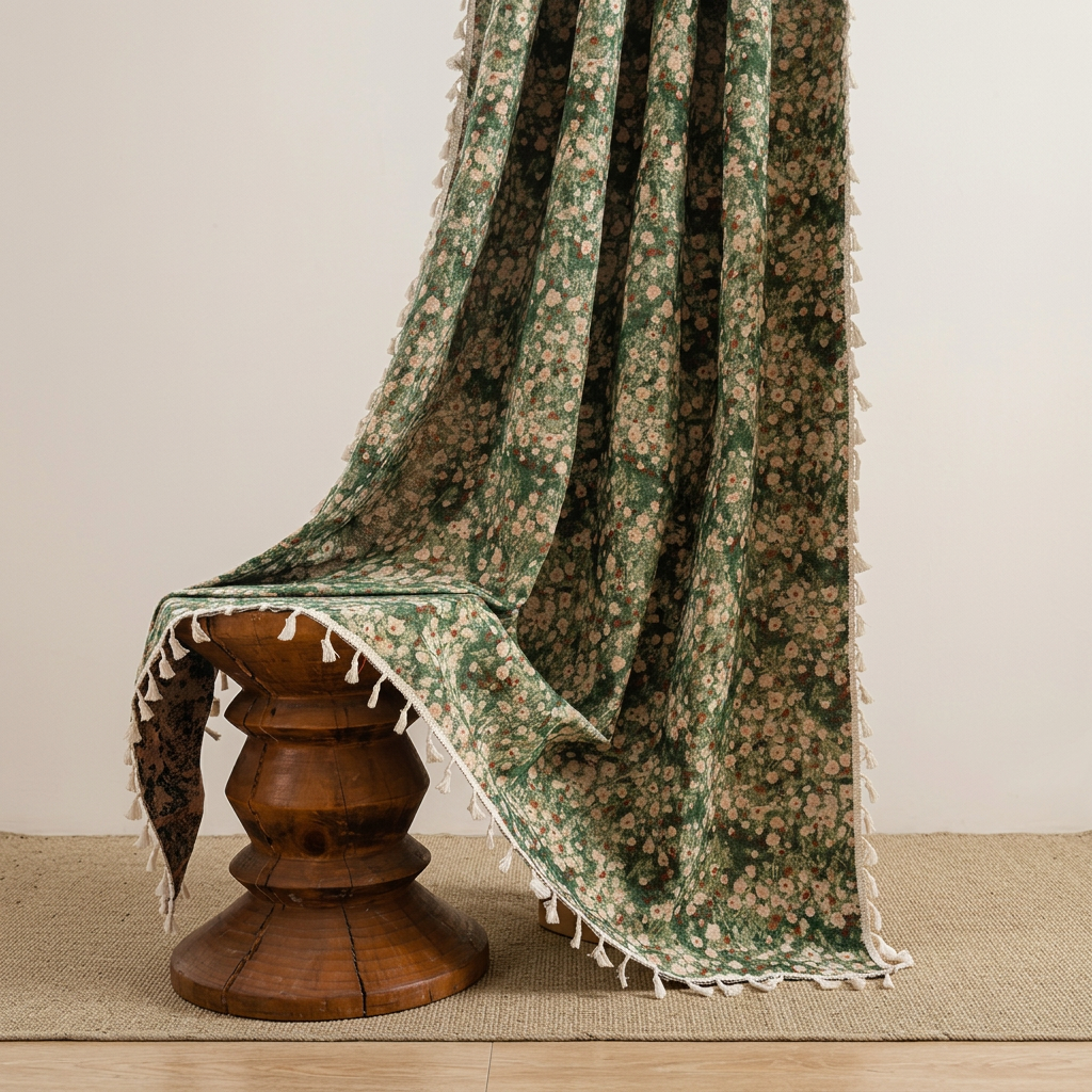 A green and beige floral patterned throw blanket with white tassels draped over a rustic wooden pedestal against a neutral cream background.