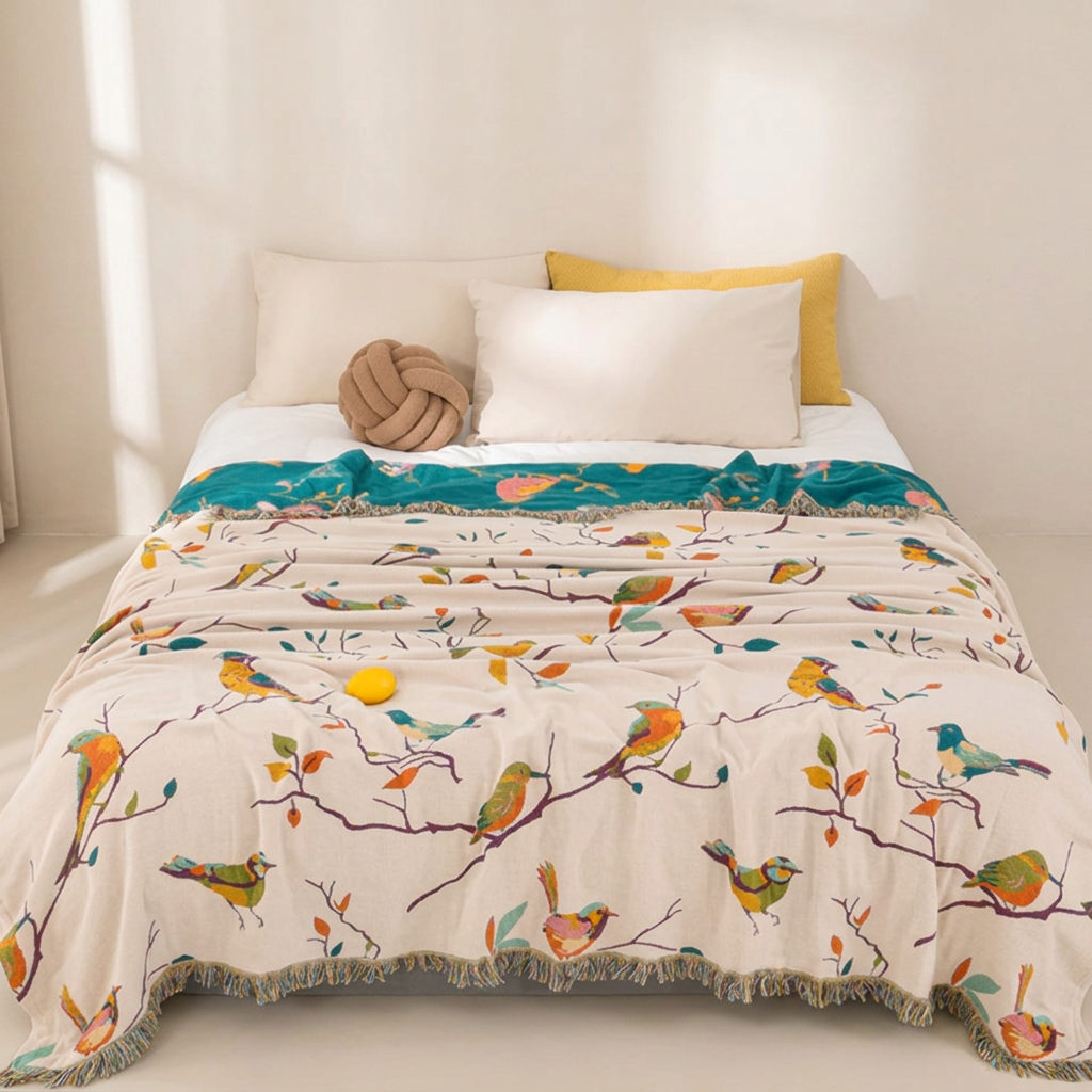 A cream-colored throw blanket with a colorful bird and branch pattern, styled on a bed with white and yellow pillows in a bright, minimalist bedroom.