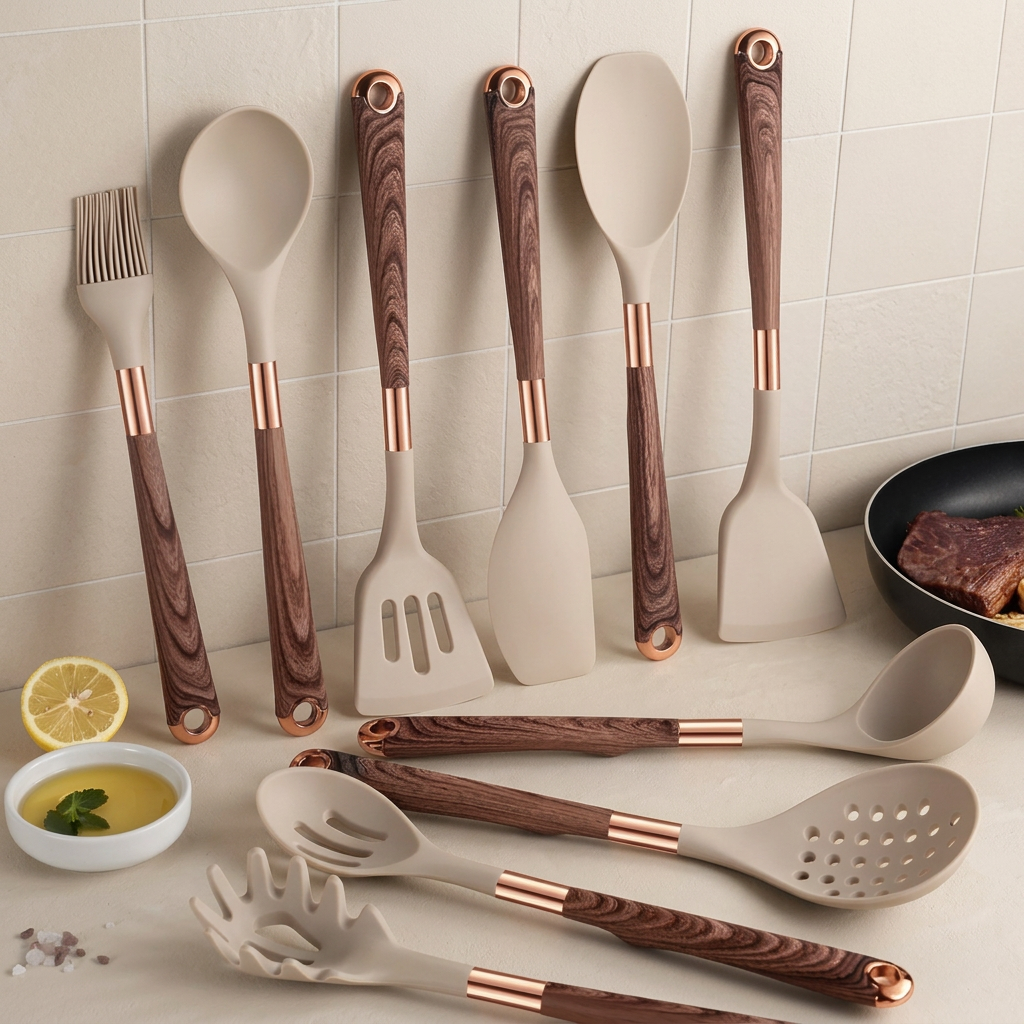 A 10-piece silicone kitchen utensil set with dark brown wood-grain handles and rose gold metal collars, displayed on a light beige tiled countertop.