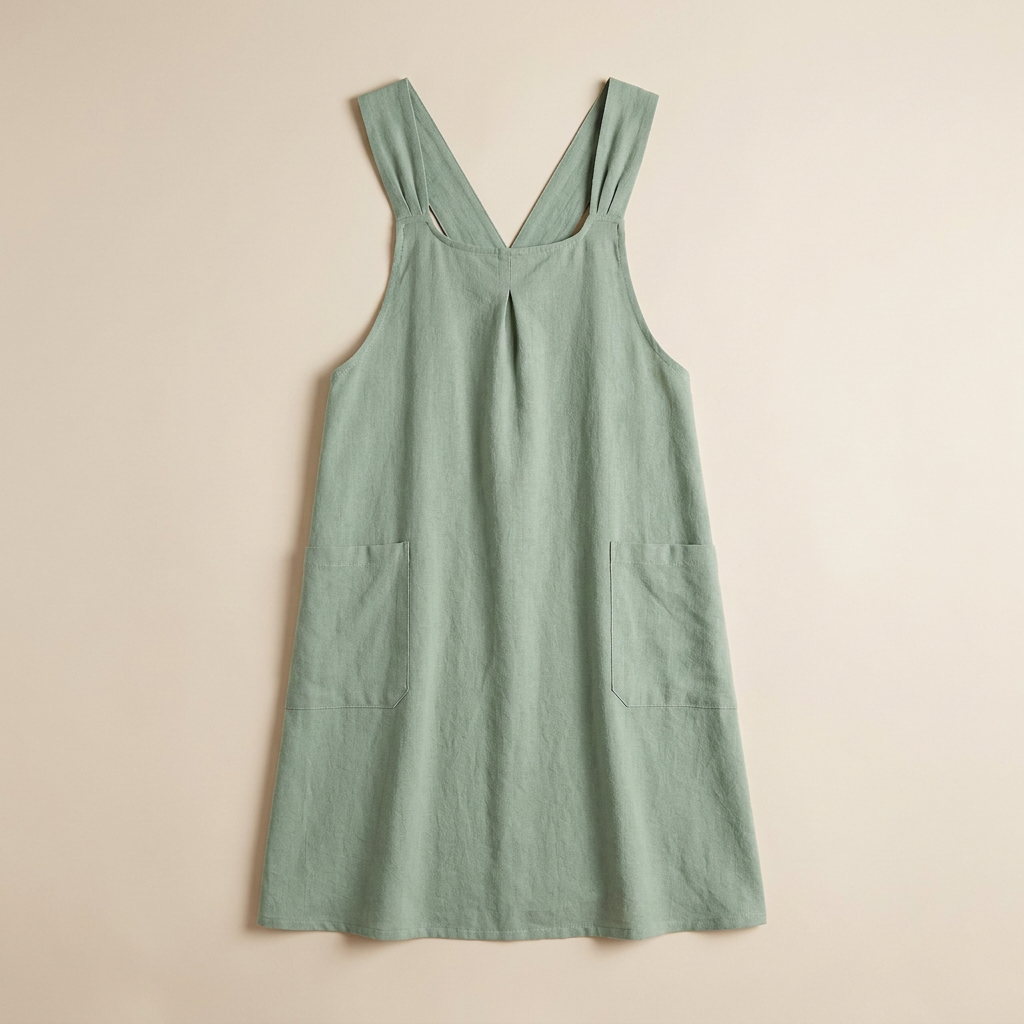 A sage green linen pinafore dress with a split neckline, wide shoulder straps, and two front patch pockets, laid flat against a warm beige background.