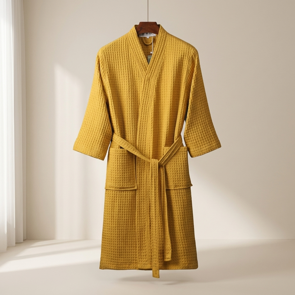 A mustard yellow waffle-knit bathrobe with a tie belt and front pockets, hanging on a wooden hanger against a warm off-white background.