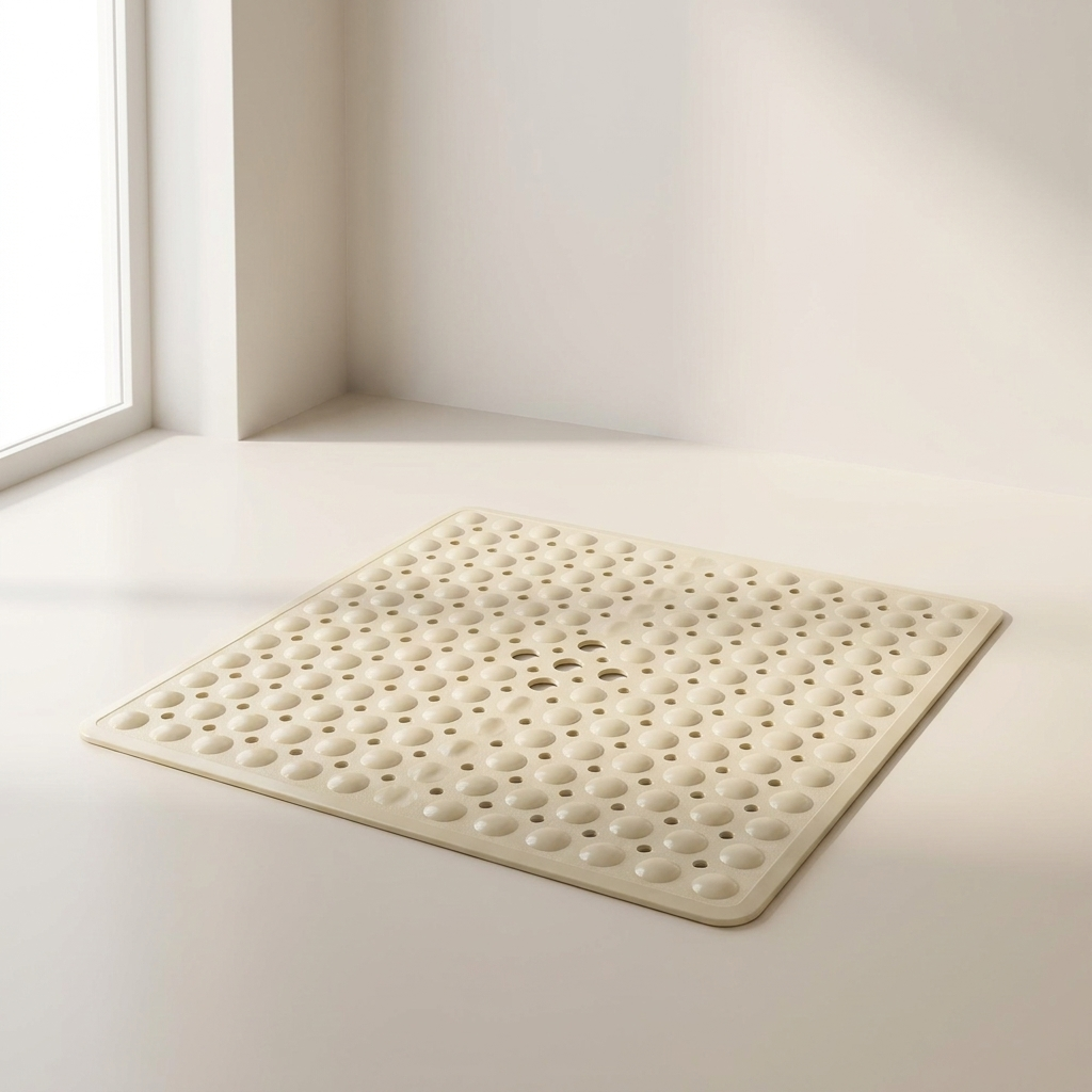 A square beige bath mat with a raised bubble texture and drainage holes, placed on a white windowsill in bright natural light.