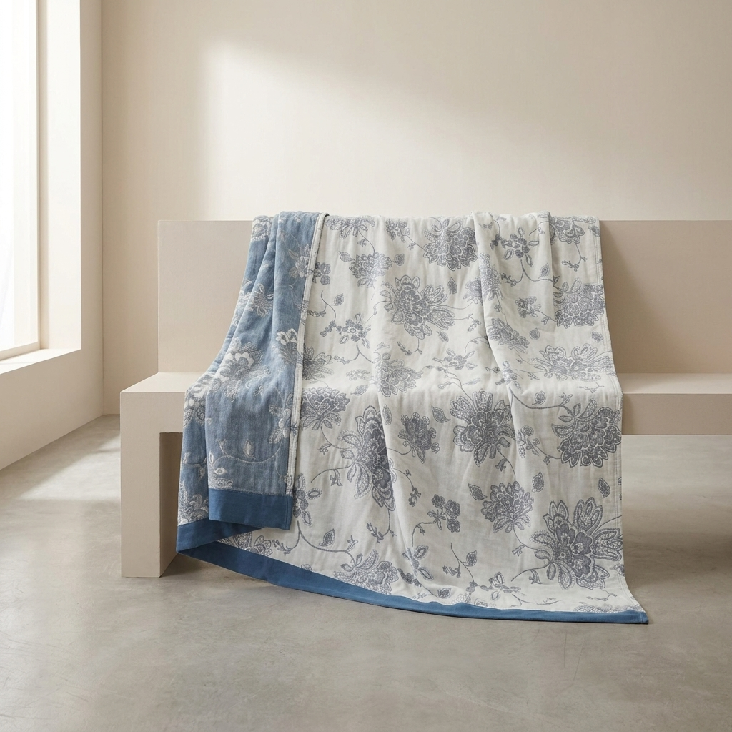 A soft throw blanket with a blue floral pattern and solid blue border draped over a minimalist beige bench in a bright, modern room.