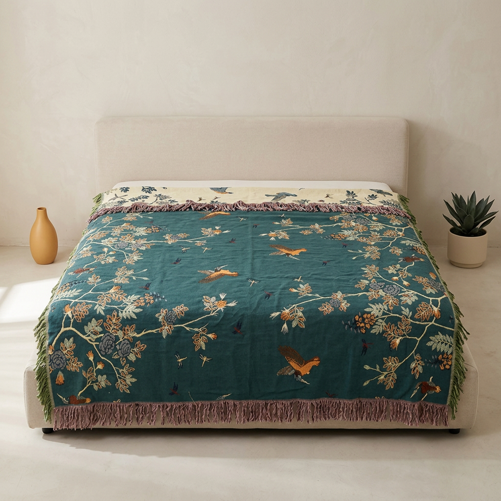 A teal woven throw blanket with a bird and floral pattern is styled on a bed with a beige upholstered headboard. The scene is set in a minimalist room with a small vase on the left and a potted succulent on the right.