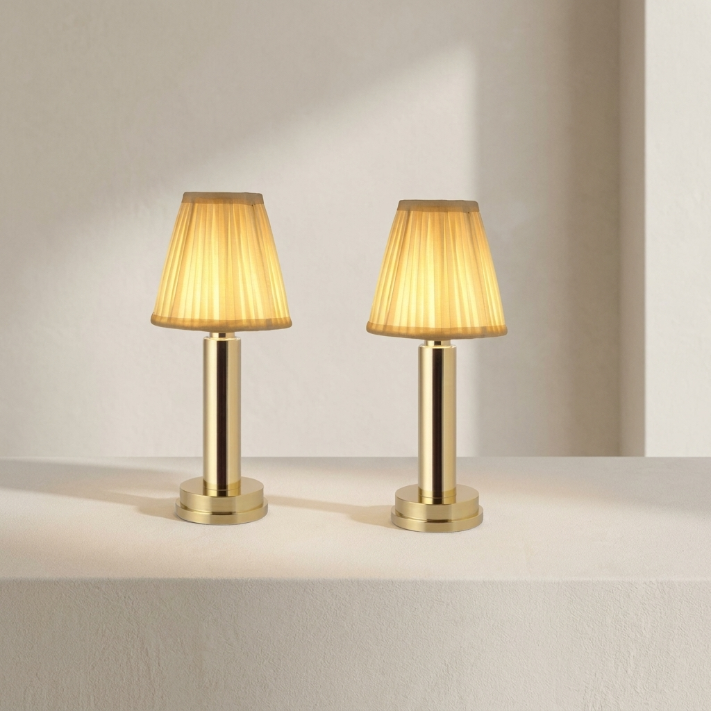 Two matching table lamps with pleated beige fabric shades and polished gold bases, displayed side by side on a white surface against a warm off-white wall.