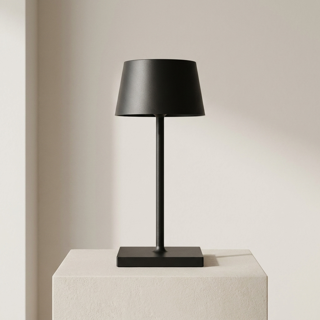 A matte black table lamp with a tapered drum shade, slim stem, and square base, displayed on a textured white pedestal against a warm beige wall.