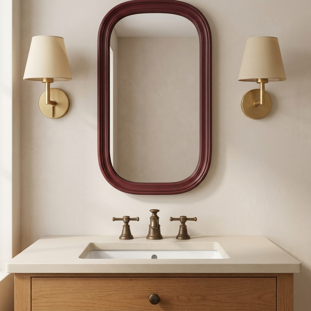 A bathroom vanity scene with a rectangular mirror featuring a dark burgundy frame, flanked by two matching wall sconces above a white countertop and wood cabinet. The sink has a white basin with a bronze faucet and handles.