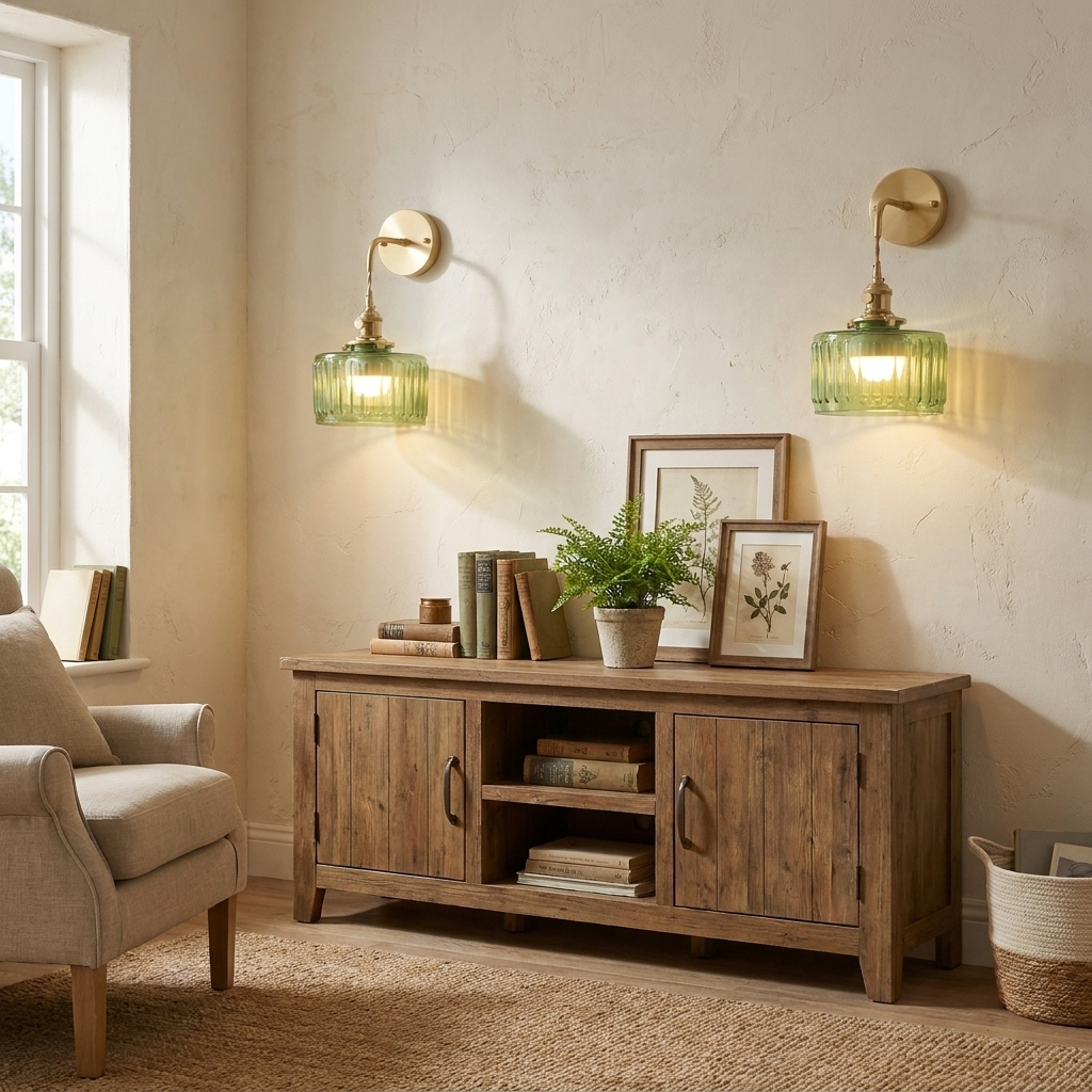 Two matching wall-mounted sconces with green ribbed glass shades and brass fixtures are shown lit in a styled room above a wooden console cabinet, with a chair, rug, books, and framed art visible.