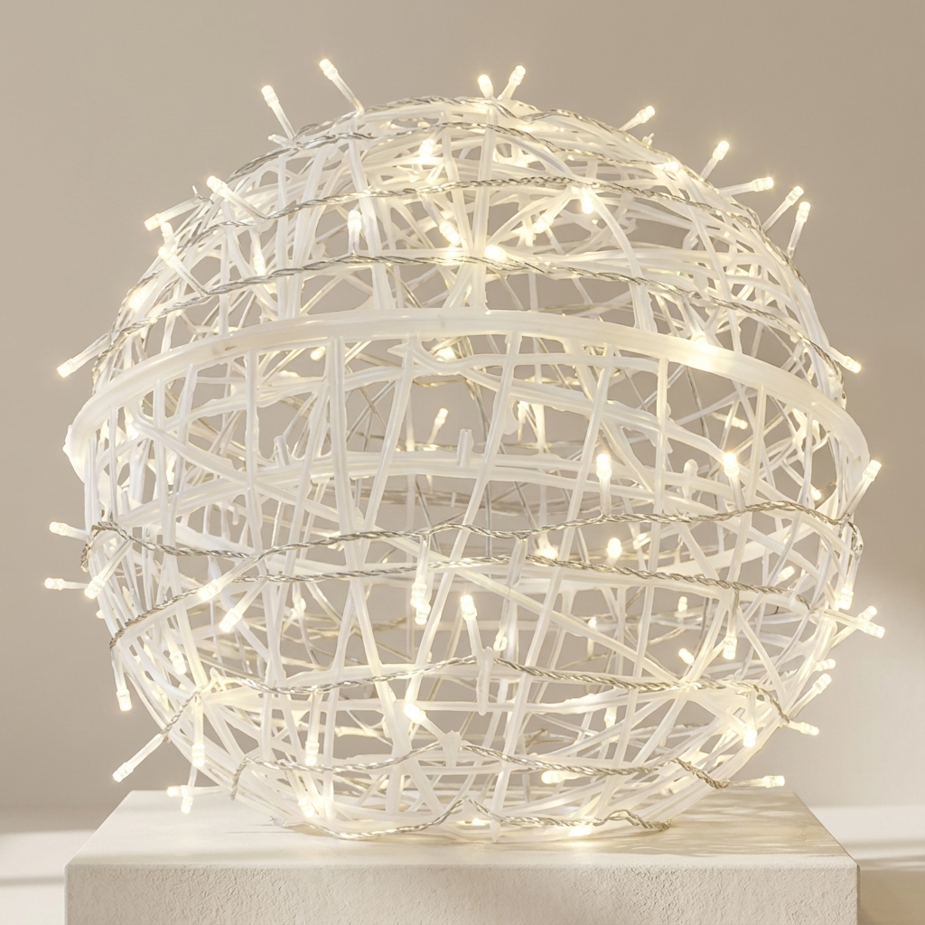 A spherical decorative sculpture made of intertwined white branches or wire, illuminated with many small warm white string lights, displayed on a white pedestal against a soft beige background.