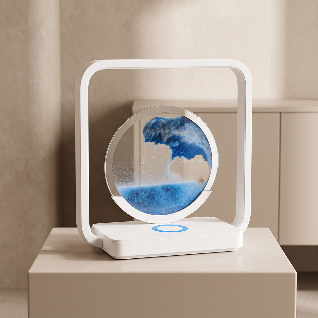 A modern white magnetic liquid marble clock with a blue and white swirling pattern, displayed on a beige pedestal in a minimalist room setting.
