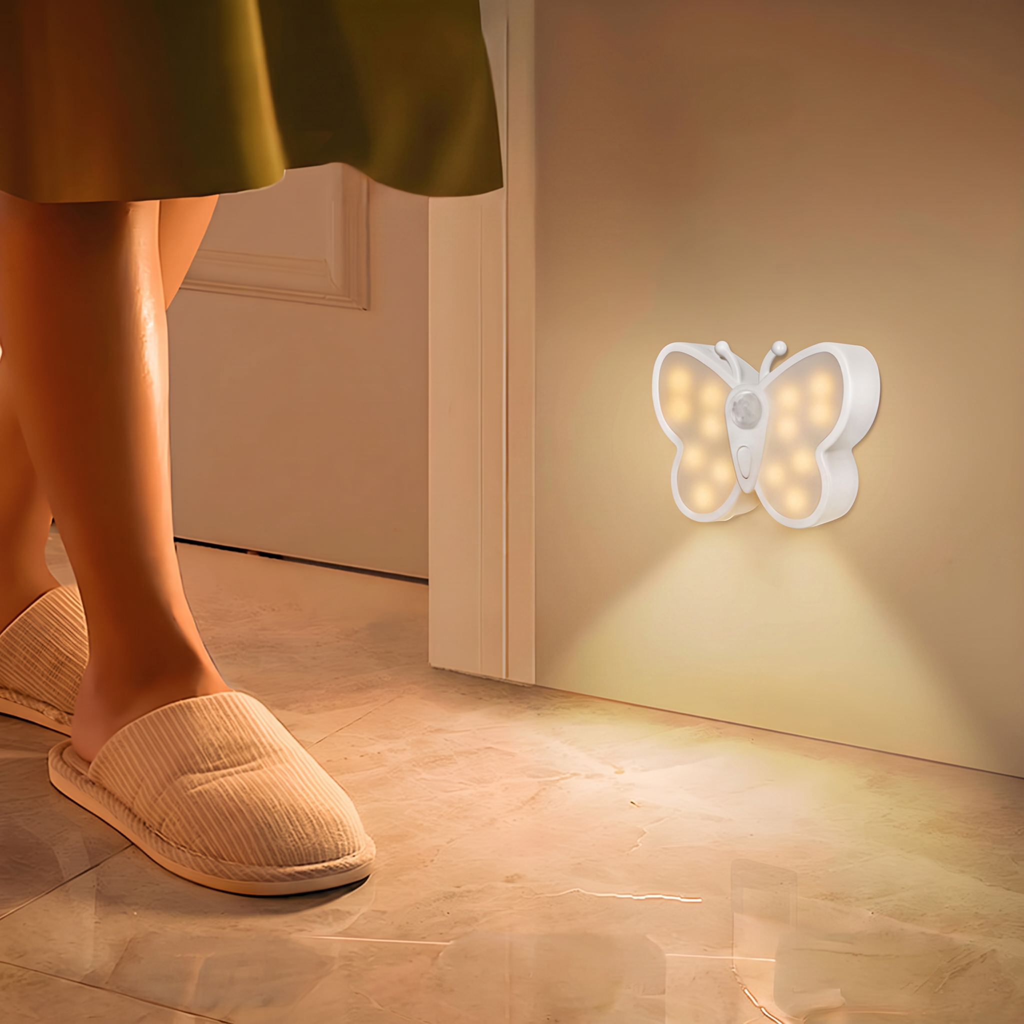 A butterfly-shaped white night light with built-in LED lights is mounted on a beige wall, casting a warm glow on the floor. A person wearing beige slip-on slippers stands nearby at the doorway, showing the product in use in a home setting.