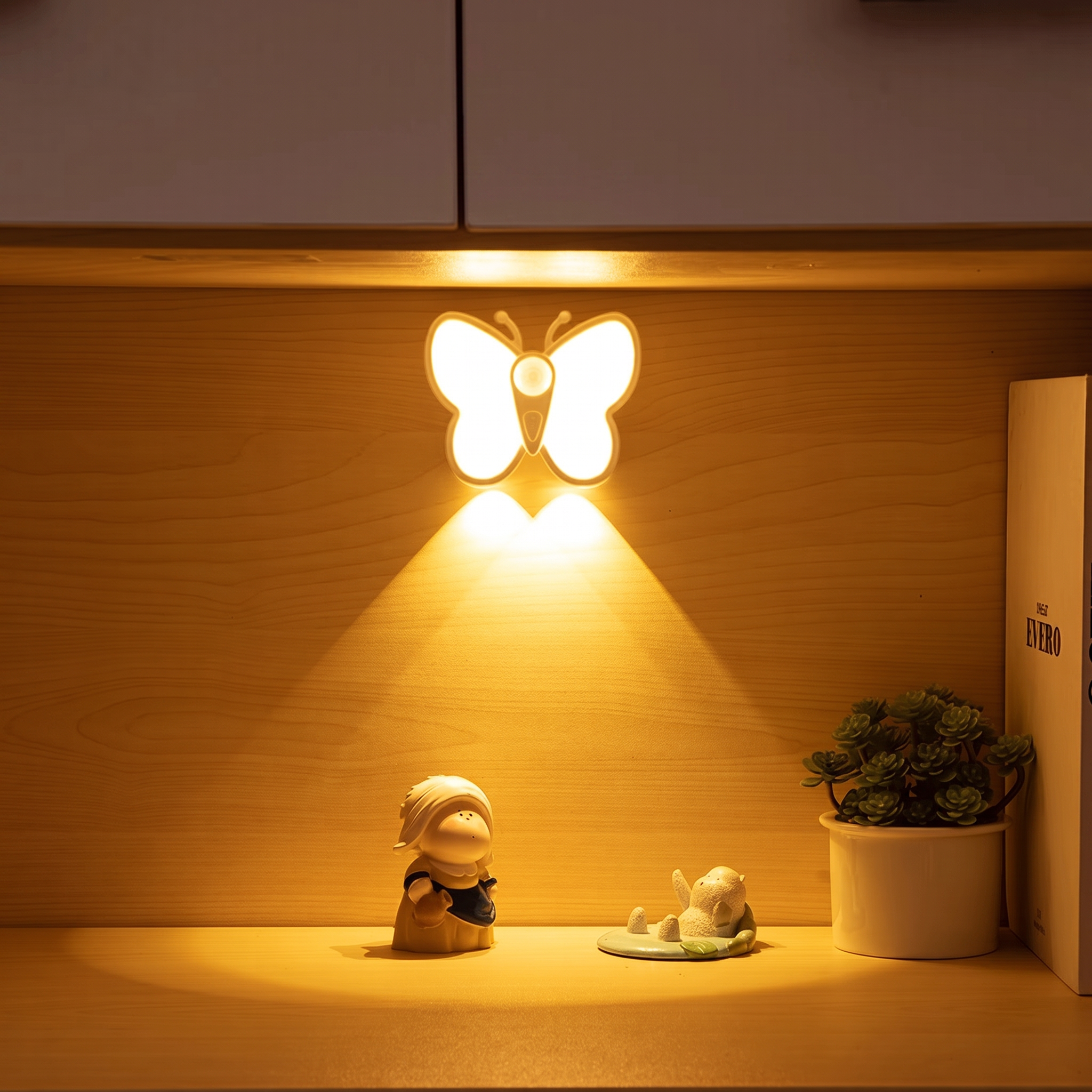 A butterfly-shaped LED night light glowing with warm yellow light on a wooden shelf, with small decorative figurines and a potted plant below.