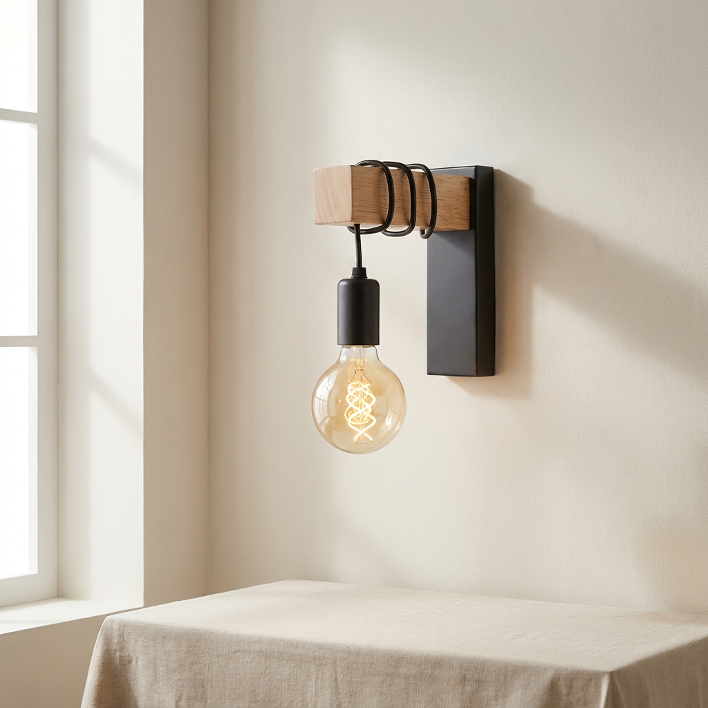 A modern wall-mounted light fixture with a black rectangular backplate, a wooden block, a coiled black metal arm, and a hanging clear bulb with a visible filament, shown mounted on a beige wall above a table.