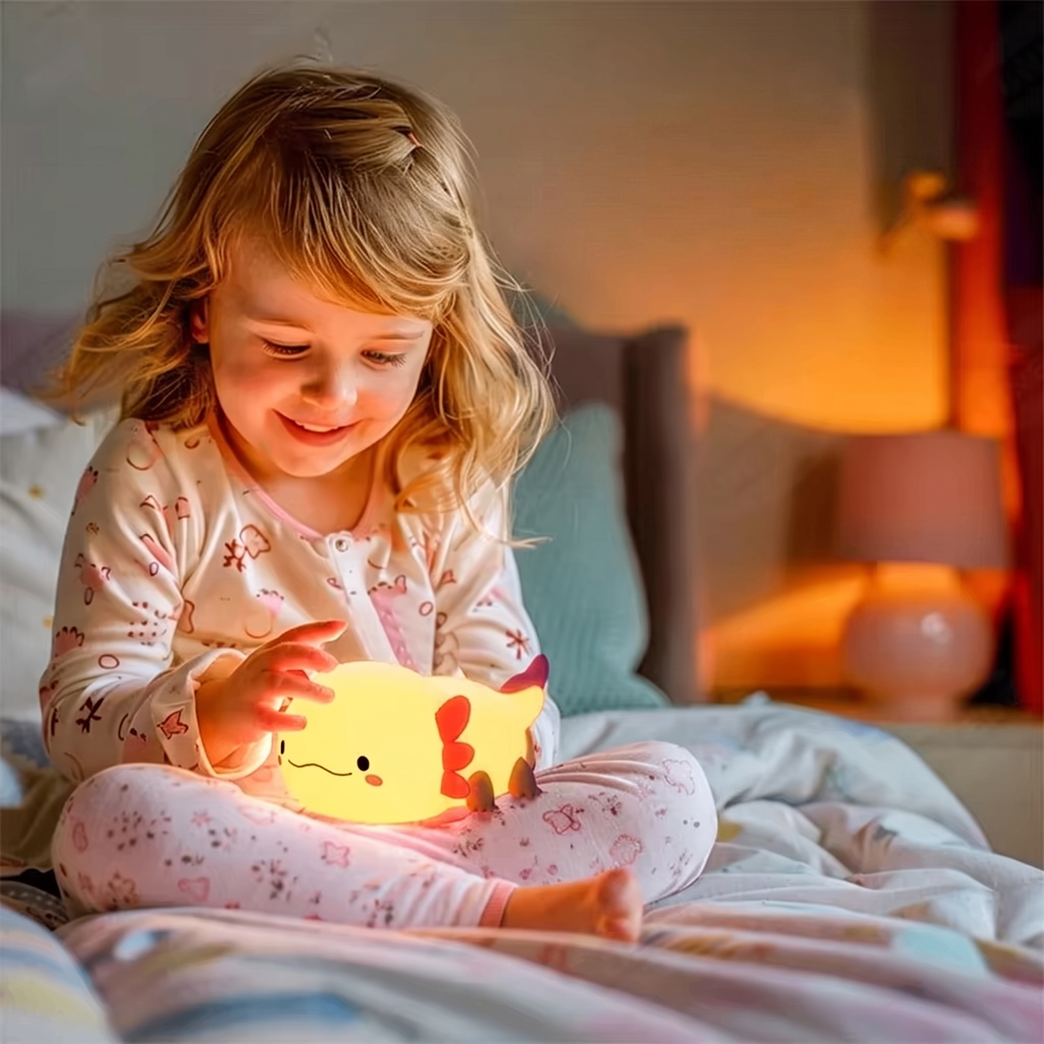 A young child sitting on a bed in pajamas, holding and playing with a glowing yellow dinosaur night light that casts a warm orange light in the bedroom.