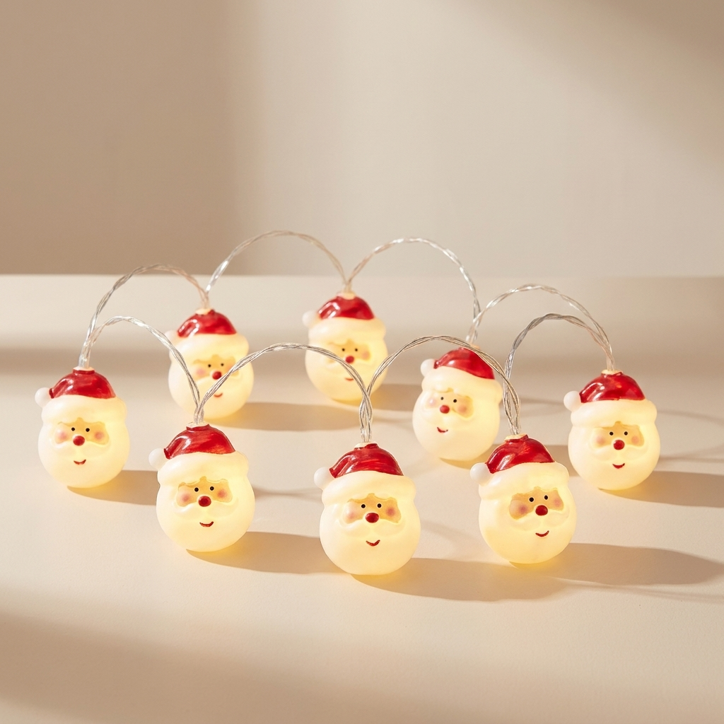 A string of Christmas Santa Claus face string lights glowing warm white, arranged on a beige surface with a soft beige background.