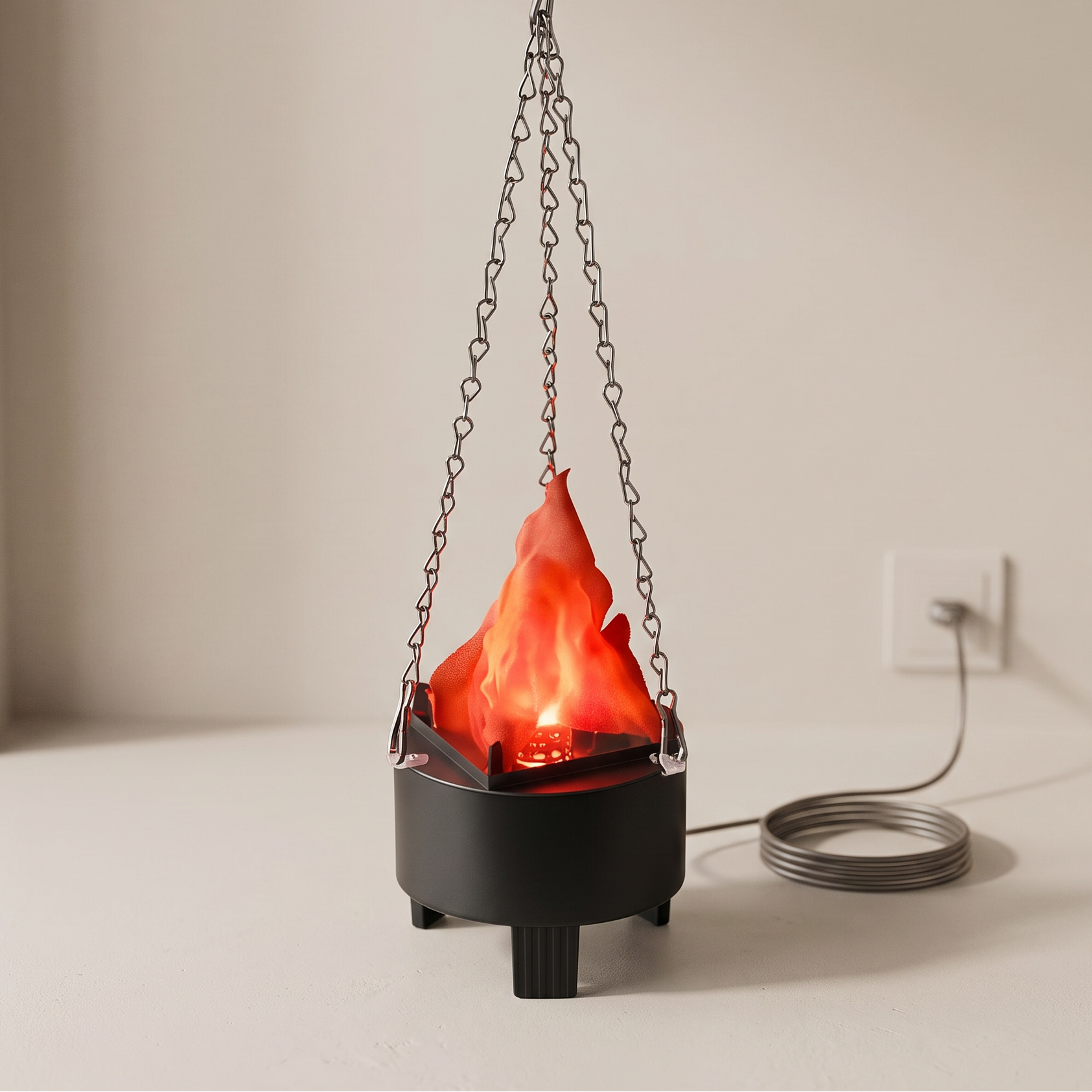 A hanging electric flame lamp with a black metal pot, hanging hook, and coiled power cord, featuring a glowing orange and red faux flame effect.