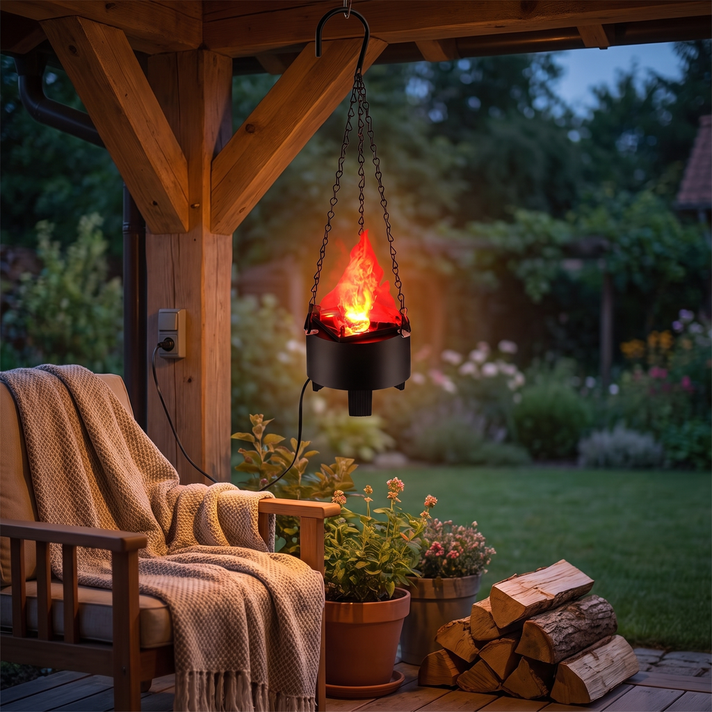A hanging black fire pit with a glowing orange and red faux flame, suspended under a wooden pergola on a patio next to a cozy chair with a throw blanket and stacked firewood in a garden setting.