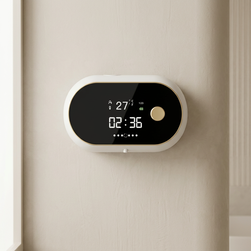 A modern oval digital clock or alarm unit with a black display screen and a gold button, mounted on a beige wall.