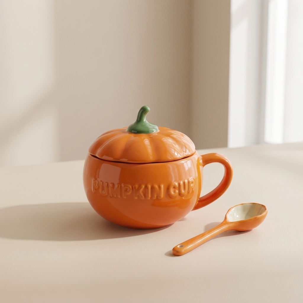An orange pumpkin-shaped ceramic mug with a matching lid and small spoon, placed on a light beige tabletop in a softly lit interior setting.