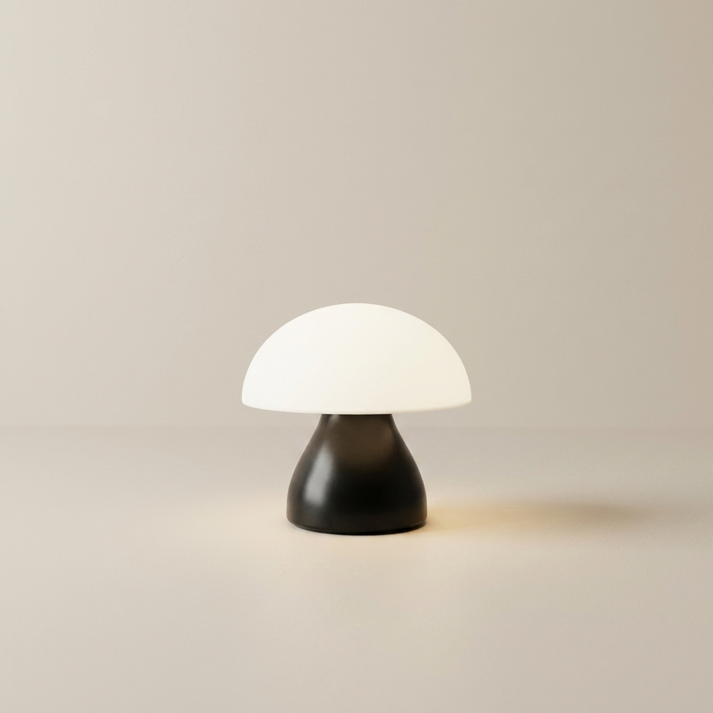 A mushroom-shaped table lamp with a glowing white dome shade and a matte black base, set against a minimalist beige background.