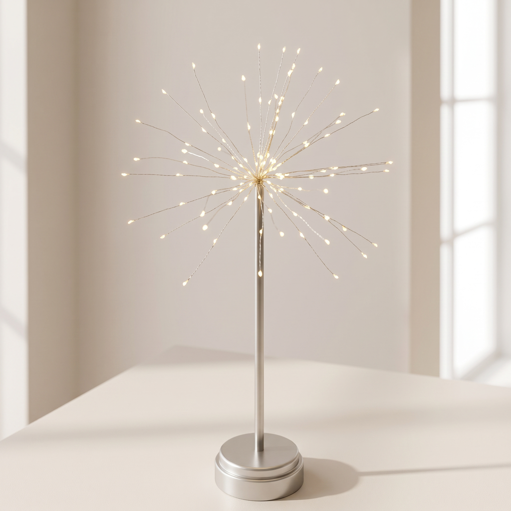 A table lamp with a silver metal stand and circular base, featuring a starburst-style wire frame filled with warm white LED lights, set on a light-colored surface against a softly lit neutral background.