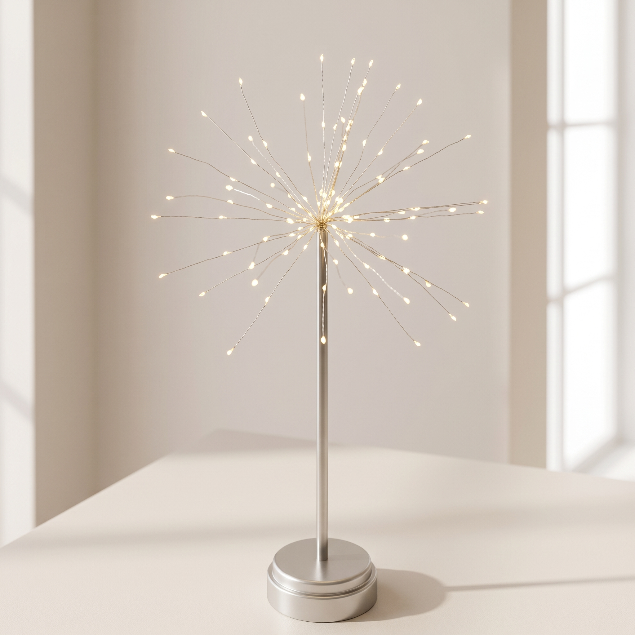 A table lamp with a silver metal stand and circular base, featuring a starburst-style wire frame filled with warm white LED lights, set on a light-colored surface against a softly lit neutral background.