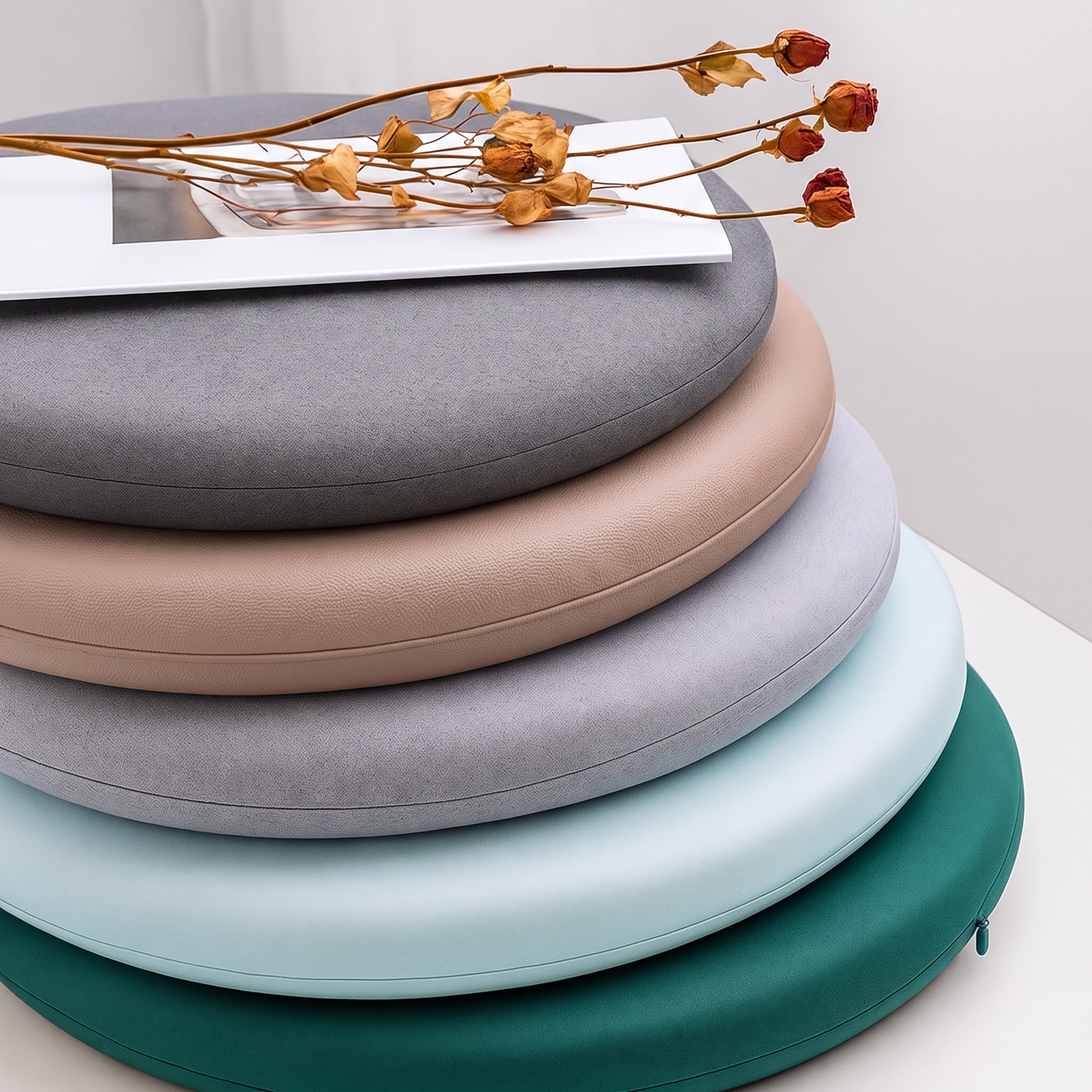 Five round floor cushions stacked vertically in gray, blush beige, light lavender, pale blue, and teal, styled with dried flowers on a white surface against a light gray background.