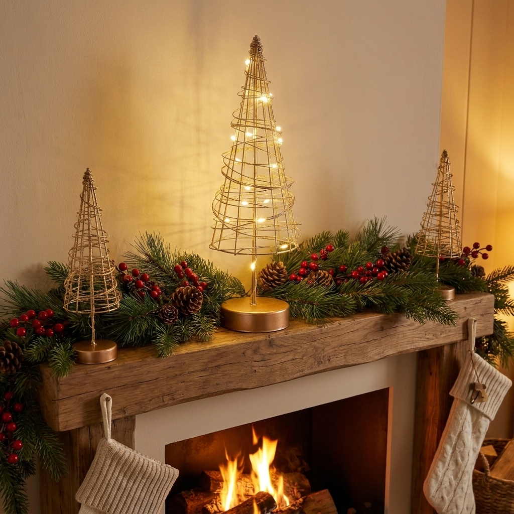Three gold wire tree-shaped table lamps with warm white string lights are arranged on a rustic wooden mantel decorated with green pine garlands, red berries, and pinecones, with a burning fire visible below.