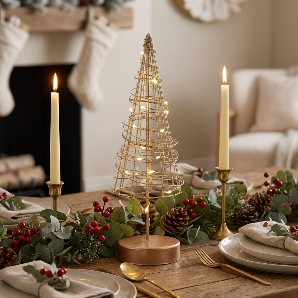 A decorative gold wire tree centerpiece with warm white string lights sits on a wooden dining table surrounded by candles, greenery, pinecones, and plates in a cozy holiday setting.