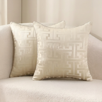 Two square decorative throw pillows with a raised geometric pattern, displayed on a textured light beige sofa.