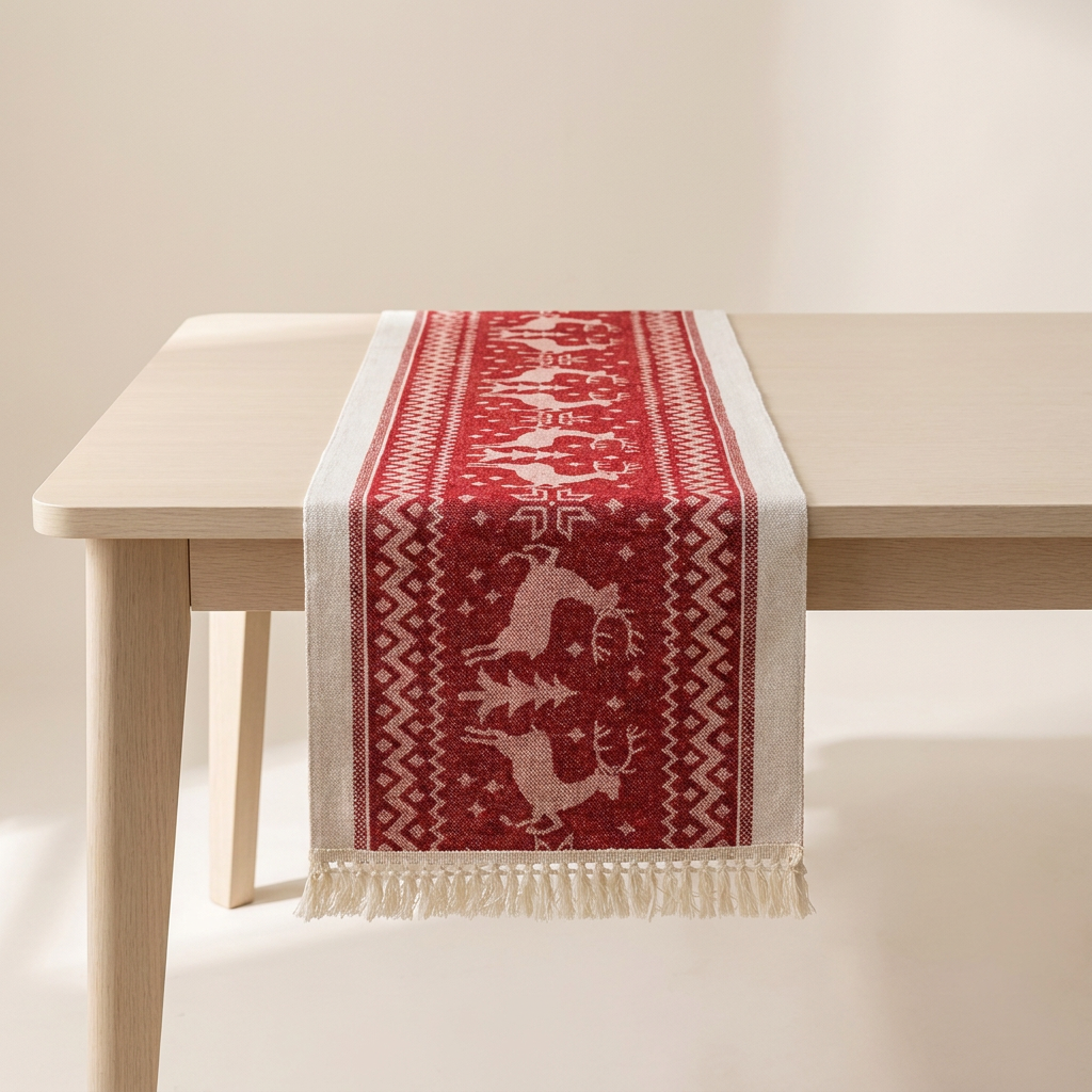 A red and cream table runner with a festive deer and geometric pattern, draped over a light wood dining table with fringe at the bottom.