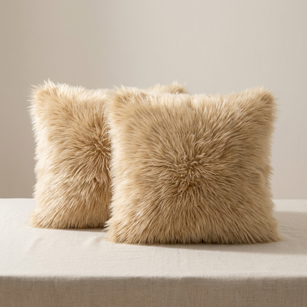 Two fluffy faux-fur throw pillows in a warm beige/tan color, styled on a light beige fabric-covered surface against a neutral beige background.