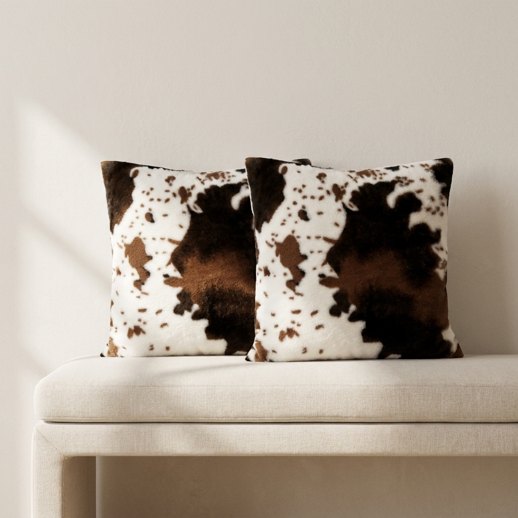 Two square throw pillows with a brown and white cowhide pattern, resting on a light beige upholstered bench against a neutral beige wall.