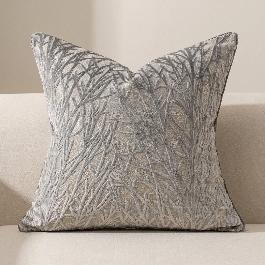 A square decorative throw pillow with a textured, raised abstract tree branch pattern in silver and gray on a beige background, resting on a light beige sofa.