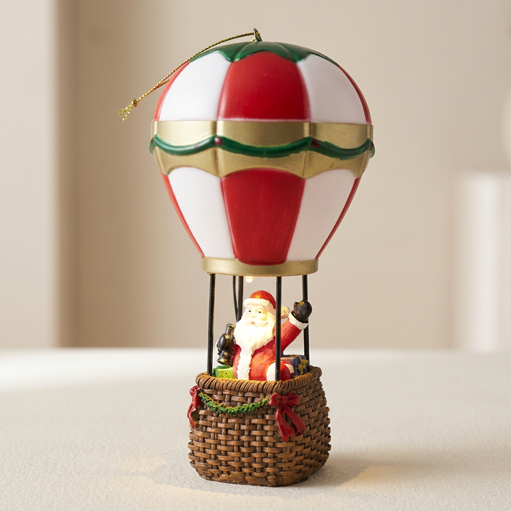 A Christmas ornament shaped like a hot air balloon, featuring a red and white striped balloon with green accents, a gold band, and Santa Claus sitting in a brown woven basket with a red bow.