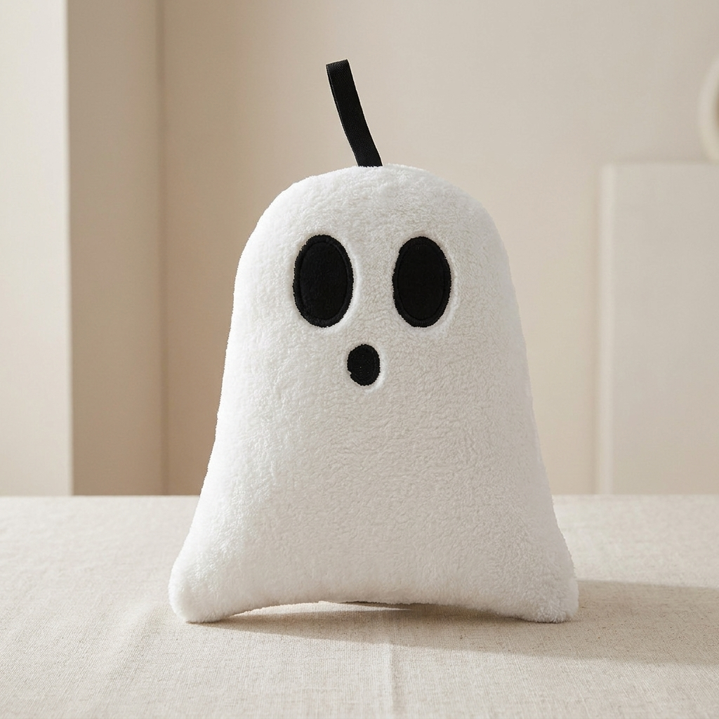 A white plush ghost pillow with black embroidered eyes, nose, and mouth, sitting on a beige fabric surface against a soft beige background.