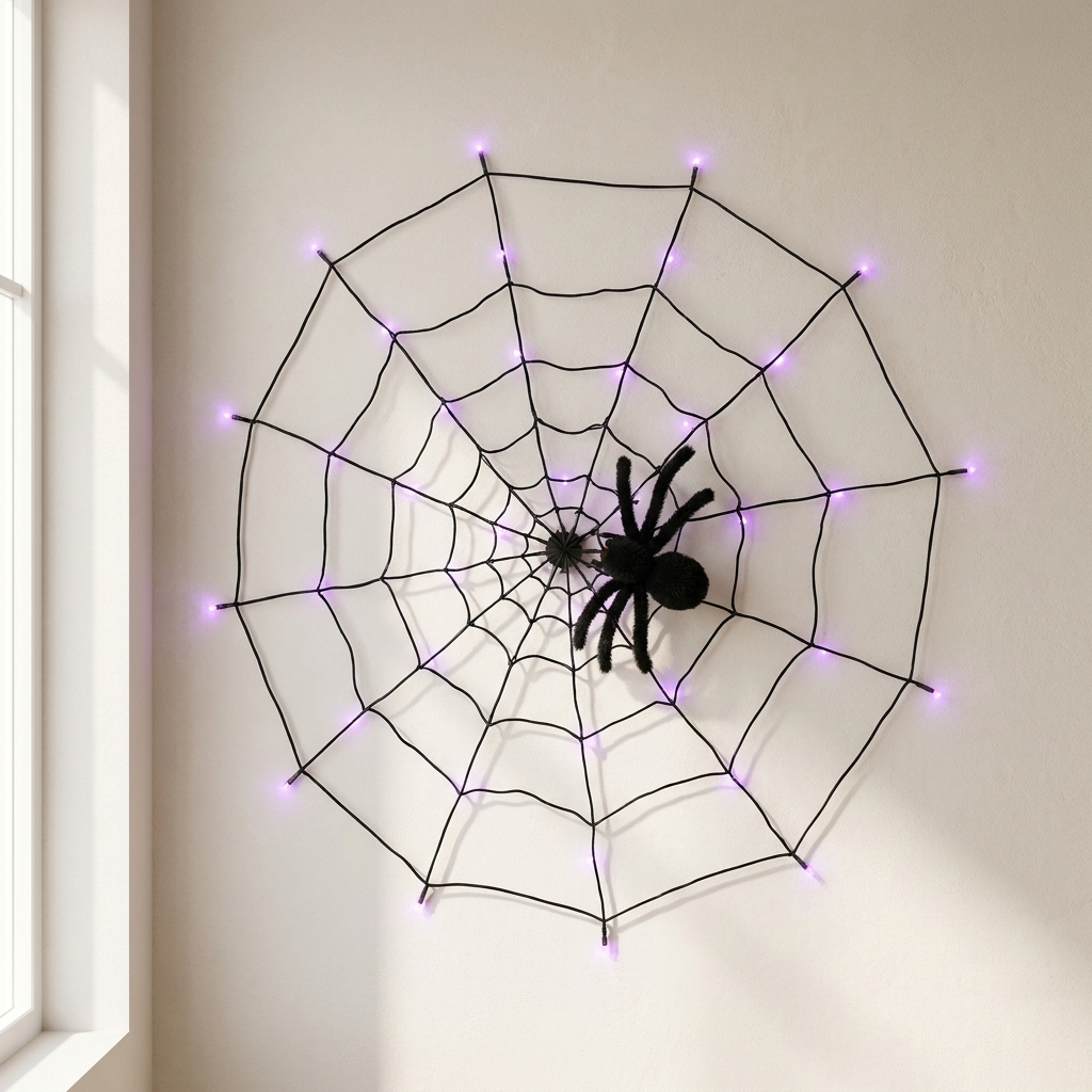A black spider wall decoration shaped like a spider sitting at the center of a large web, with small purple LED lights along the web lines, mounted on a beige wall next to a window.