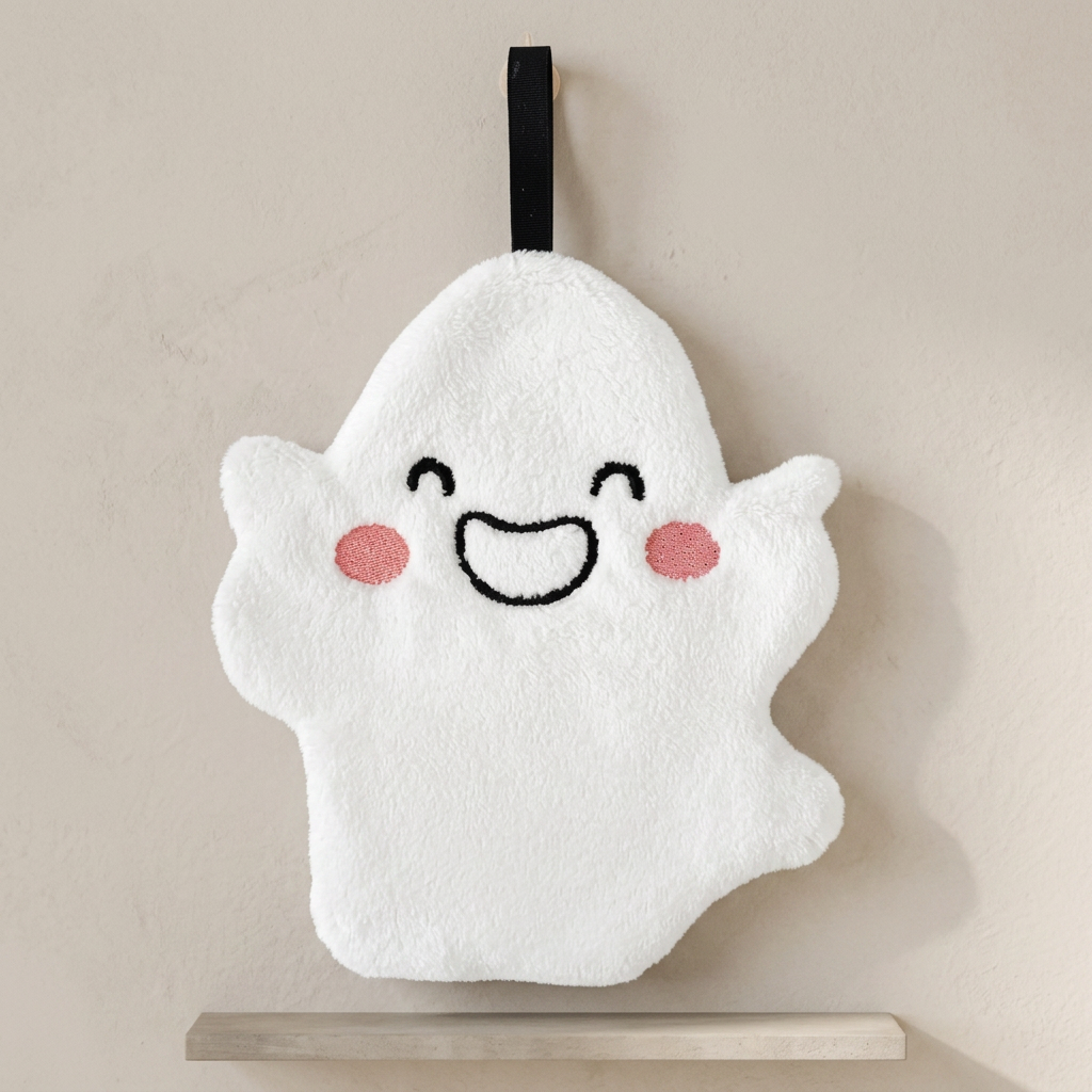 A white plush ghost-shaped bath sponge with embroidered black facial features, pink cheeks, and a black hanging loop, displayed against a neutral beige wall.