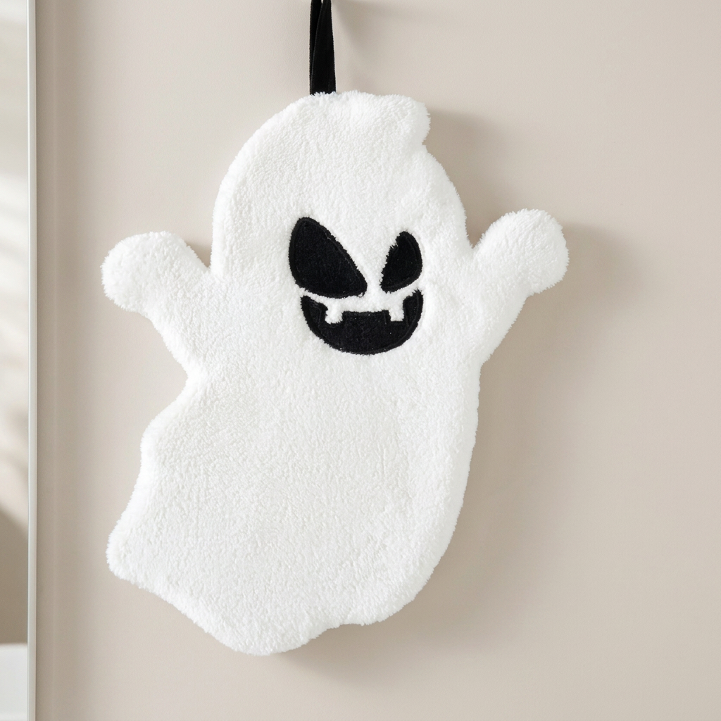 A white plush ghost-shaped hanging towel or bath mat with a black embroidered spooky face, shown against a plain beige wall.