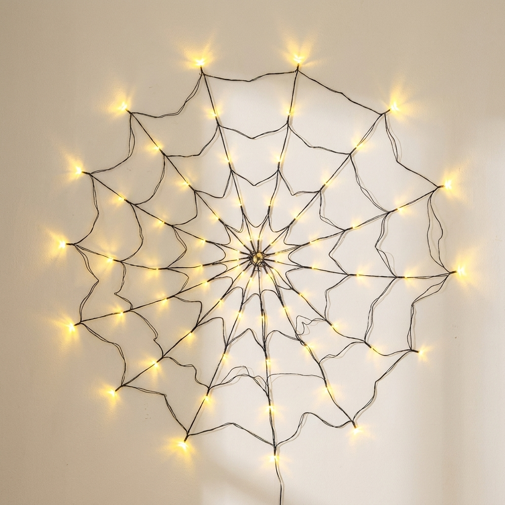 Spider web string lights with warm yellow glowing bulbs on a black wire frame, mounted on a plain off-white wall.