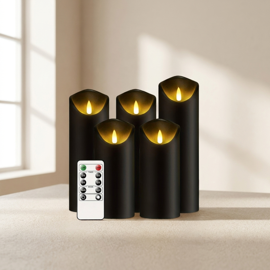 Four black flameless LED pillar candles with warm yellow glowing flames, arranged on a beige surface with a white remote control in front, set against a softly lit neutral interior background.