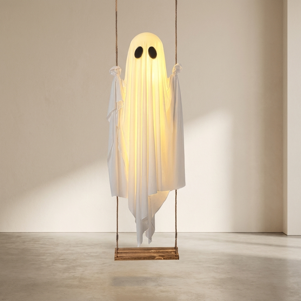 A ghost-shaped hanging lamp or decor piece made from translucent white fabric, glowing warm yellow from within, with black oval eyes and suspended from a wooden swing in a minimalist indoor room.