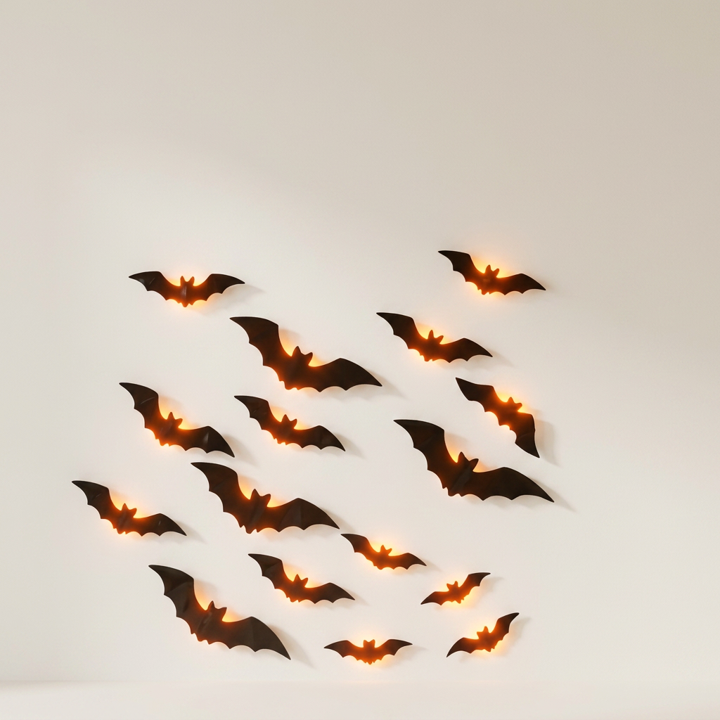 A set of black bat wall lights arranged in a flight pattern against a plain white wall, each glowing with a warm orange light.